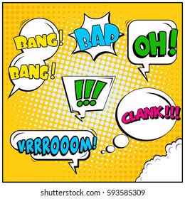 Abstract creative concept vector comic pop art style blank, layout template with clouds beams and isolated dots background. For sale banner, empty speech bubble set, illustration halftone book design