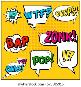 Abstract creative concept vector comic pop art style blank, layout template with clouds beams and isolated dots background. For sale banner, empty speech bubble set, illustration halftone book design