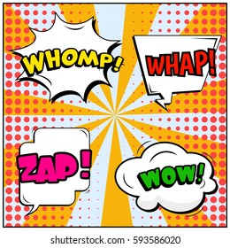 Abstract creative concept vector comic pop art style blank, layout template with clouds beams and isolated dots background. For sale banner, empty speech bubble set, illustration halftone book design