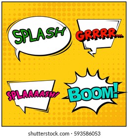 Abstract creative concept vector comic pop art style blank, layout template with clouds beams and isolated dots background. For sale banner, empty speech bubble set, illustration halftone book design