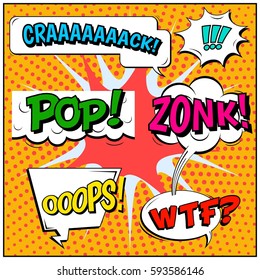 Abstract creative concept vector comic pop art style blank, layout template with clouds beams and isolated dots background. For sale banner, empty speech bubble set, illustration halftone book design