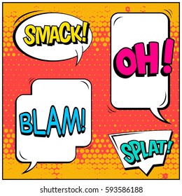 Abstract creative concept vector comic pop art style blank, layout template with clouds beams and isolated dots background. For sale banner, empty speech bubble set, illustration halftone book design