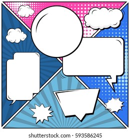 Abstract creative concept vector comic pop art style blank, layout template with clouds beams and isolated dots background. For sale banner, empty speech bubble set, illustration halftone book design