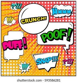Abstract creative concept vector comic pop art style blank, layout template with clouds beams and isolated dots background. For sale banner, empty speech bubble set, illustration halftone book design