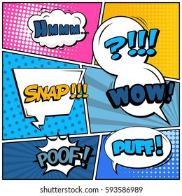 Abstract creative concept vector comic pop art style blank, layout template with clouds beams and isolated dots background. For sale banner, empty speech bubble set, illustration halftone book design