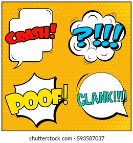 Abstract creative concept vector comic pop art style blank, layout template with clouds beams and isolated dots background. For sale banner, empty speech bubble set, illustration halftone book design
