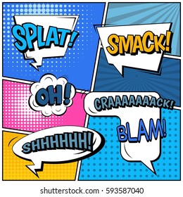 Abstract creative concept vector comic pop art style blank, layout template with clouds beams and isolated dots background. For sale banner, empty speech bubble set, illustration halftone book design