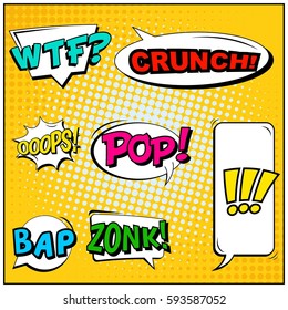 Abstract creative concept vector comic pop art style blank, layout template with clouds beams and isolated dots background. For sale banner, empty speech bubble set, illustration halftone book design