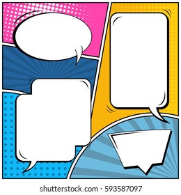 Abstract creative concept vector comic pop art style blank, layout template with clouds beams and isolated dots background. For sale banner, empty speech bubble set, illustration halftone book design