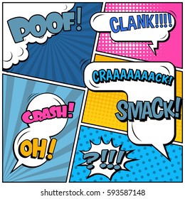 Abstract creative concept vector comic pop art style blank, layout template with clouds beams and isolated dots background. For sale banner, empty speech bubble set, illustration halftone book design