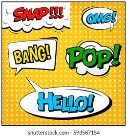 Abstract creative concept vector comic pop art style blank, layout template with clouds beams and isolated dots background. For sale banner, empty speech bubble set, illustration halftone book design