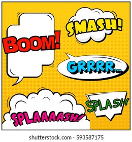 Abstract creative concept vector comic pop art style blank, layout template with clouds beams and isolated dots background. For sale banner, empty speech bubble set, illustration halftone book design