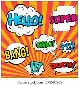 Abstract creative concept vector comic pop art style blank, layout template with clouds beams and isolated dots background. For sale banner, empty speech bubble set, illustration halftone book design