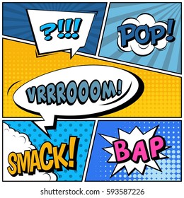 Abstract creative concept vector comic pop art style blank, layout template with clouds beams and isolated dots background. For sale banner, empty speech bubble set, illustration halftone book design