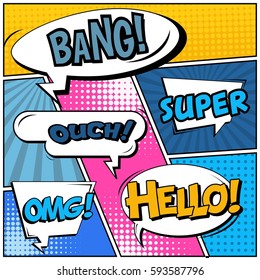 Abstract creative concept vector comic pop art style blank, layout template with clouds beams and isolated dots background. For sale banner, empty speech bubble set, illustration halftone book design