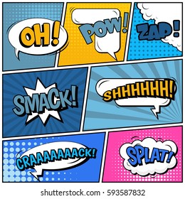 Abstract creative concept vector comic pop art style blank, layout template with clouds beams and isolated dots background. For sale banner, empty speech bubble set, illustration halftone book design