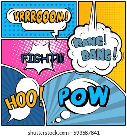 Abstract creative concept vector comic pop art style blank, layout template with clouds beams and isolated dots background. For sale banner, empty speech bubble set, illustration halftone book design
