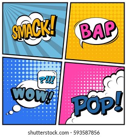 Abstract creative concept vector comic pop art style blank, layout template with clouds beams and isolated dots background. For sale banner, empty speech bubble set, illustration halftone book design