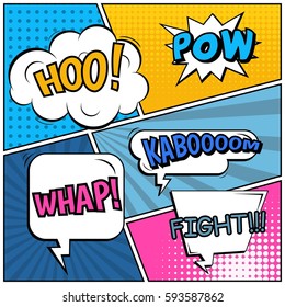Abstract creative concept vector comic pop art style blank, layout template with clouds beams and isolated dots background. For sale banner, empty speech bubble set, illustration halftone book design