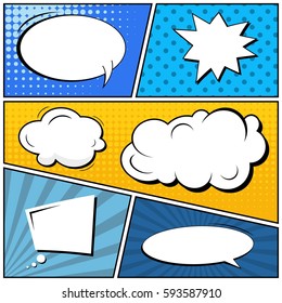 Abstract creative concept vector comic pop art style blank, layout template with clouds beams and isolated dots background. For sale banner, empty speech bubble set, illustration halftone book design