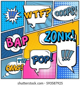 Abstract creative concept vector comic pop art style blank, layout template with clouds beams and isolated dots background. For sale banner, empty speech bubble set, illustration halftone book design