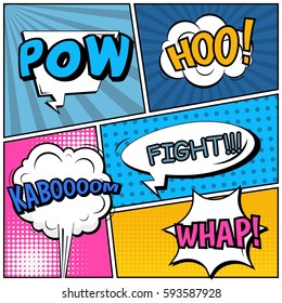 Abstract creative concept vector comic pop art style blank, layout template with clouds beams and isolated dots background. For sale banner, empty speech bubble set, illustration halftone book design