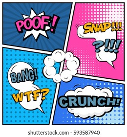Abstract creative concept vector comic pop art style blank, layout template with clouds beams and isolated dots background. For sale banner, empty speech bubble set, illustration halftone book design