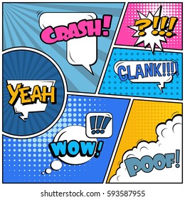 Abstract creative concept vector comic pop art style blank, layout template with clouds beams and isolated dots background. For sale banner, empty speech bubble set, illustration halftone book design