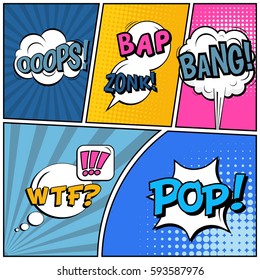 Abstract creative concept vector comic pop art style blank, layout template with clouds beams and isolated dots background. For sale banner, empty speech bubble set, illustration halftone book design