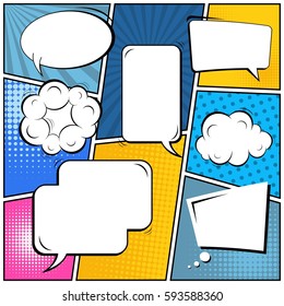 Abstract creative concept vector comic pop art style blank, layout template with clouds beams and isolated dots background. For sale banner, empty speech bubble set, illustration halftone book design