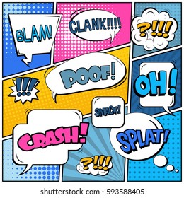 Abstract creative concept vector comic pop art style blank, layout template with clouds beams and isolated dots background. For sale banner, empty speech bubble set, illustration halftone book design