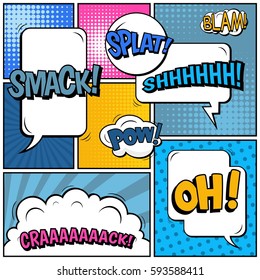 Abstract creative concept vector comic pop art style blank, layout template with clouds beams and isolated dots background. For sale banner, empty speech bubble set, illustration halftone book design