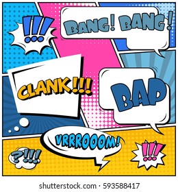 Abstract creative concept vector comic pop art style blank, layout template with clouds beams and isolated dots background. For sale banner, empty speech bubble set, illustration halftone book design