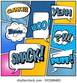 Abstract creative concept vector comic pop art style blank, layout template with clouds beams and isolated dots background. For sale banner, empty speech bubble set, illustration halftone book design