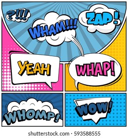 Abstract creative concept vector comic pop art style blank, layout template with clouds beams and isolated dots background. For sale banner, empty speech bubble set, illustration halftone book design