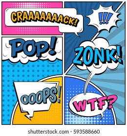 Abstract creative concept vector comic pop art style blank, layout template with clouds beams and isolated dots background. For sale banner, empty speech bubble set, illustration halftone book design