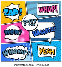 Abstract creative concept vector comic pop art style blank, layout template with clouds beams and isolated dots background. For sale banner, empty speech bubble set, illustration halftone book design