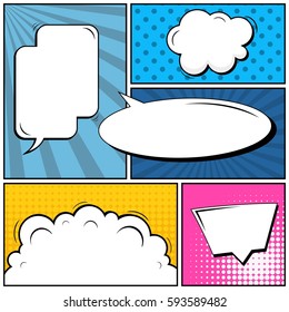 Abstract creative concept vector comic pop art style blank, layout template with clouds beams and isolated dots background. For sale banner, empty speech bubble set, illustration halftone book design