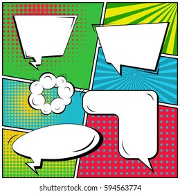 Abstract creative concept vector comic pop art style blank, layout template with clouds beams and isolated dots background. For sale banner, empty speech bubble set, illustration halftone book design