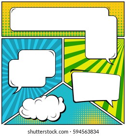 Abstract creative concept vector comic pop art style blank, layout template with clouds beams and isolated dots background. For sale banner, empty speech bubble set, illustration halftone book design