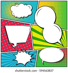 Abstract creative concept vector comic pop art style blank, layout template with clouds beams and isolated dots background. For sale banner, empty speech bubble set, illustration halftone book design