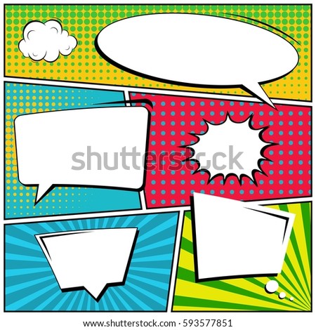 Abstract creative concept vector comic pop art style blank, layout template with clouds beams and isolated dots background. For sale banner, empty speech bubble set, illustration halftone book design