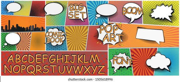 Abstract Creative concept vector comics pop art style blank layout template. Creative high detail font for your design. The alphabet in the style of comics. Graphics pop - art. Bright cartoon comic. 