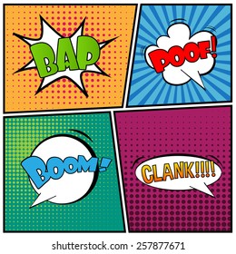 Abstract Creative concept vector comics pop art style blank layout template with clouds beams and isolated dots pattern on background. For Web and Mobile Applications, illustration template design. 