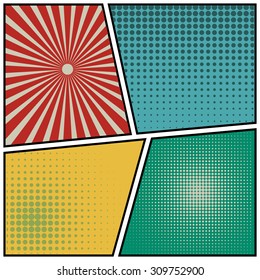 Abstract Creative concept vector comics pop art style blank layout template with clouds beams and isolated dots pattern on background. For Web and Mobile Applications, illustration template design.