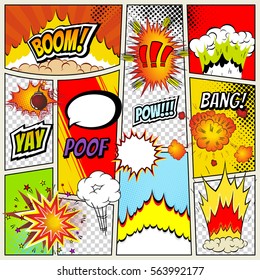 Abstract Creative concept vector comics pop art style blank layout template with clouds beams and isolated dots pattern on background.