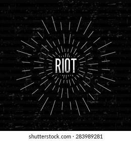 Abstract Creative concept vector design layout with text - riot. For web and mobile icon isolated on background, art template, retro elements, logos, identity, labels, badge, ink, tag, old card.