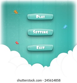 Abstract Creative concept vector Interface game design (resource bar and resource icons for games). Funny cartoon design ui game control panel including text and buttons such as exit, play, settings.