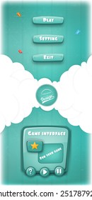 Abstract Creative concept vector Interface game design (resource bar and resource icons for games). Funny cartoon design ui game control panel including text and buttons such as exit, play, settings.