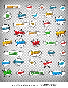 Abstract Creative concept vector pop art style set of comic text template with clouds beams and isolated dots pattern on background. For Web and Mobile Applications, illustration template design.